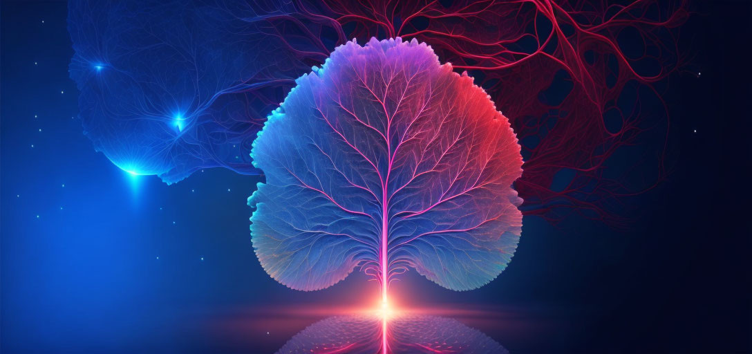 Symmetrical neon tree in digital art on dark blue background