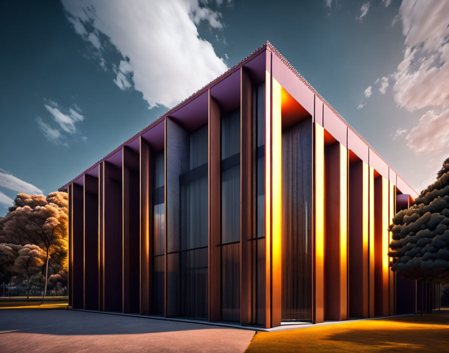 Modern Building with Vertical Fins in Orange Sunset Setting