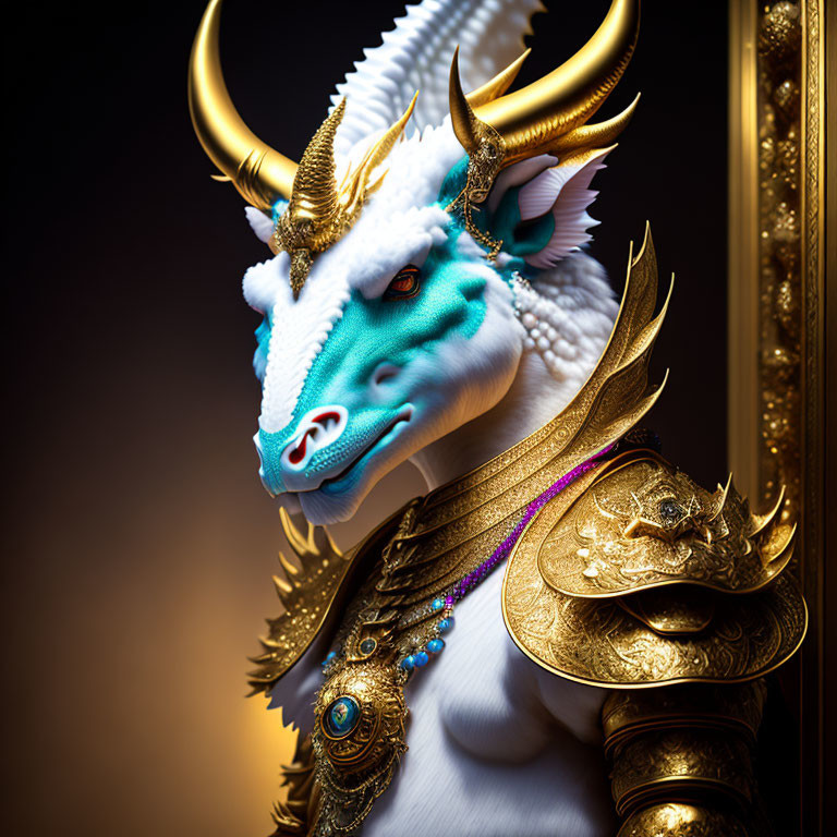 Regal Dragon in Golden Armor Beside Gilded Frame