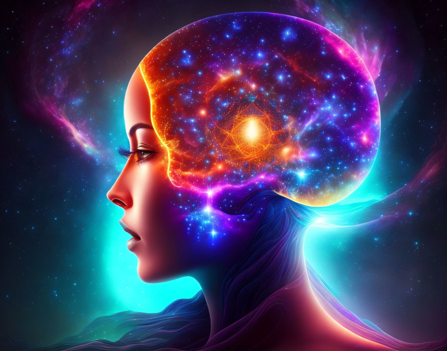 Woman's profile with cosmic scene as brain symbolizes deep thought.