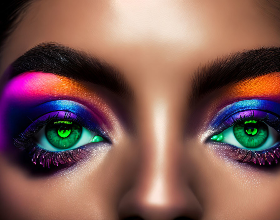 Detailed Close-up of Vibrant Rainbow Eyeshadow on Green Eyes