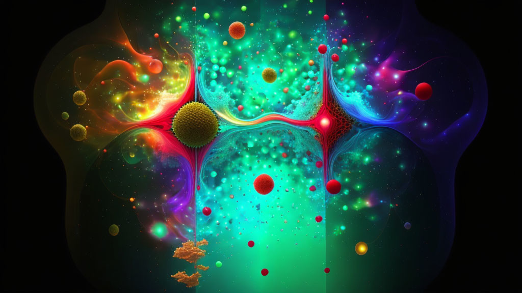 Colorful Abstract Cosmic Image with Multicolored Particles and Neon Spherical Shapes