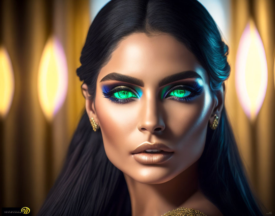 Portrait of woman with green eyes, blue eyeshadow, dark hair, gold earrings on warm background