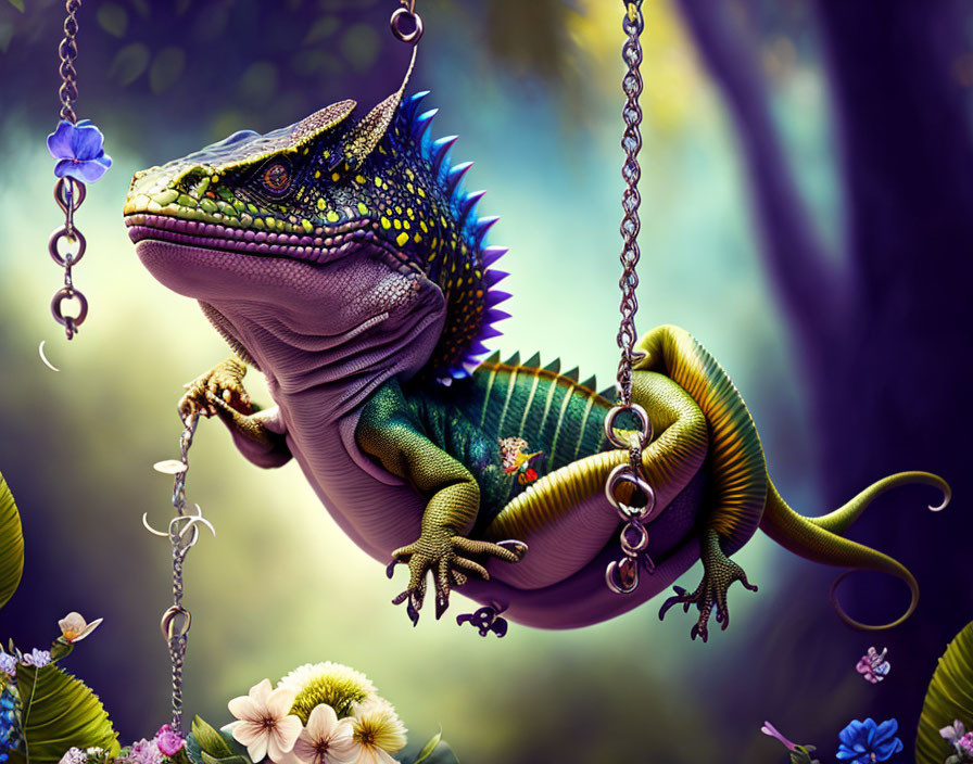 Colorful digital artwork: Iguana on swing in enchanted forest