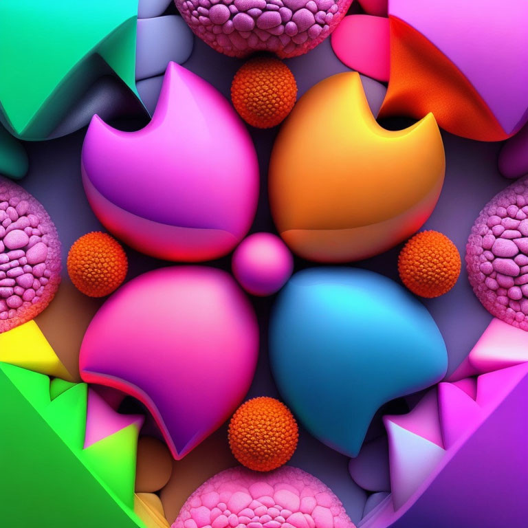 Colorful 3D Shapes in Symmetrical Flower Pattern with Textured Spheres