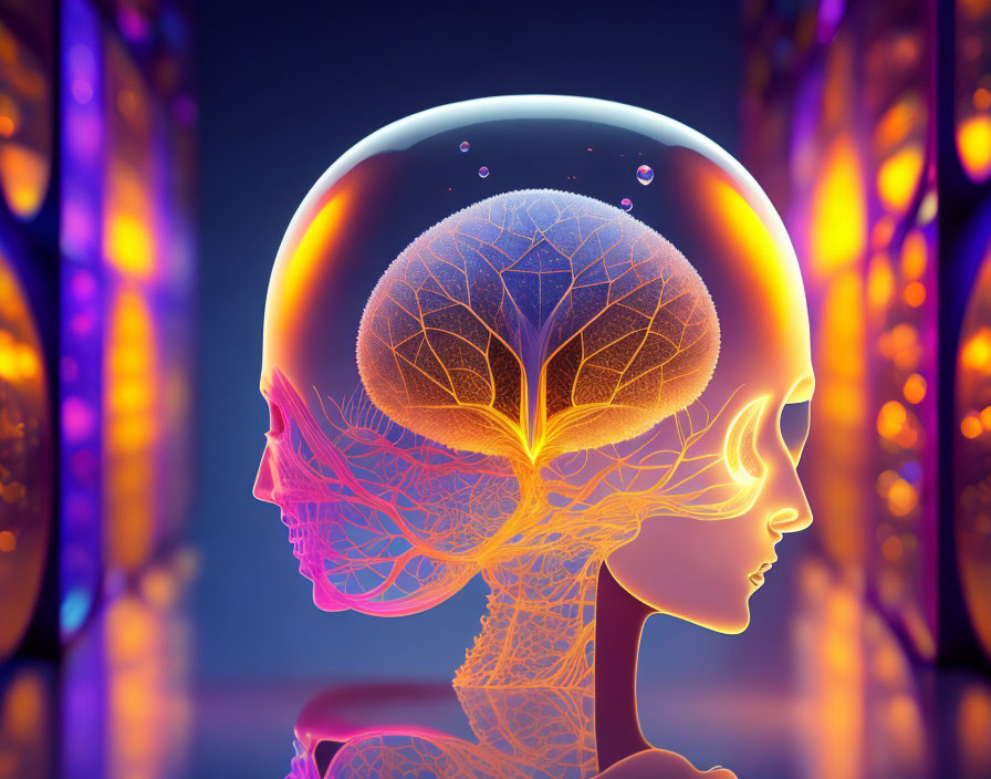 Transparent human head with neural network tree on colorful background