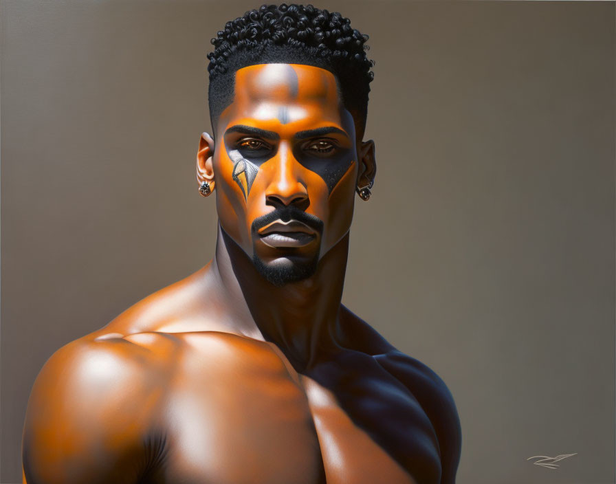 Shirtless man with stylized makeup and sharp facial features