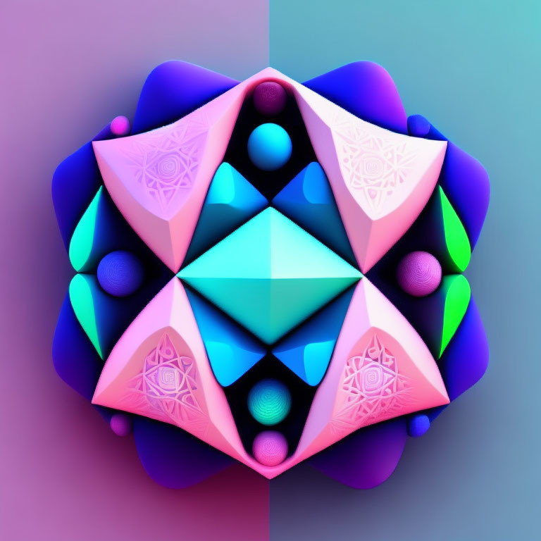 Symmetrical geometric abstract art with colorful pastel and neon patterns