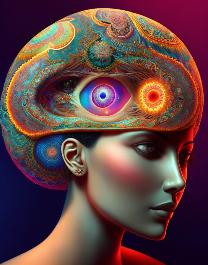 Profile View Woman with Vibrant Braincap on Gradient Background