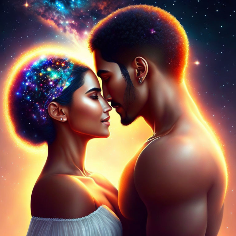 Digital artwork featuring man and woman with cosmic halos symbolizing their connection.