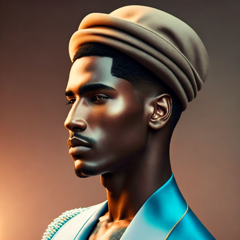 Stylized portrait of a man in turban and blue jacket