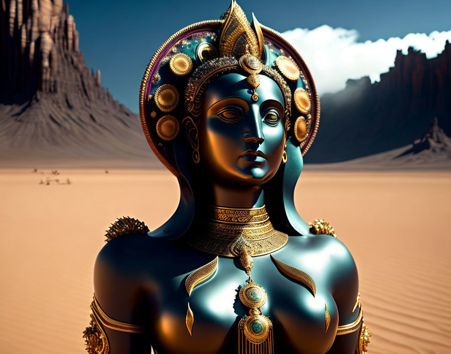 Blue-skinned humanoid with gold headdress in desert landscape