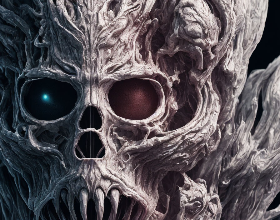 Detailed textured alien face with asymmetrical eyes and glowing blue and dark eye amidst twisted organic shapes
