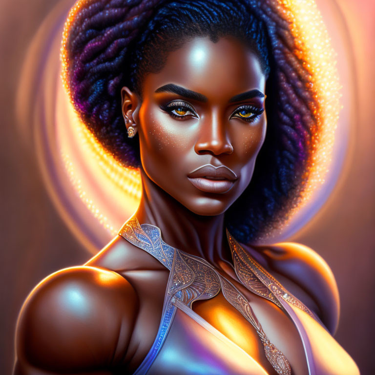 Detailed digital portrait of woman with glowing skin and intricate braids, featuring striking golden eye makeup on warm