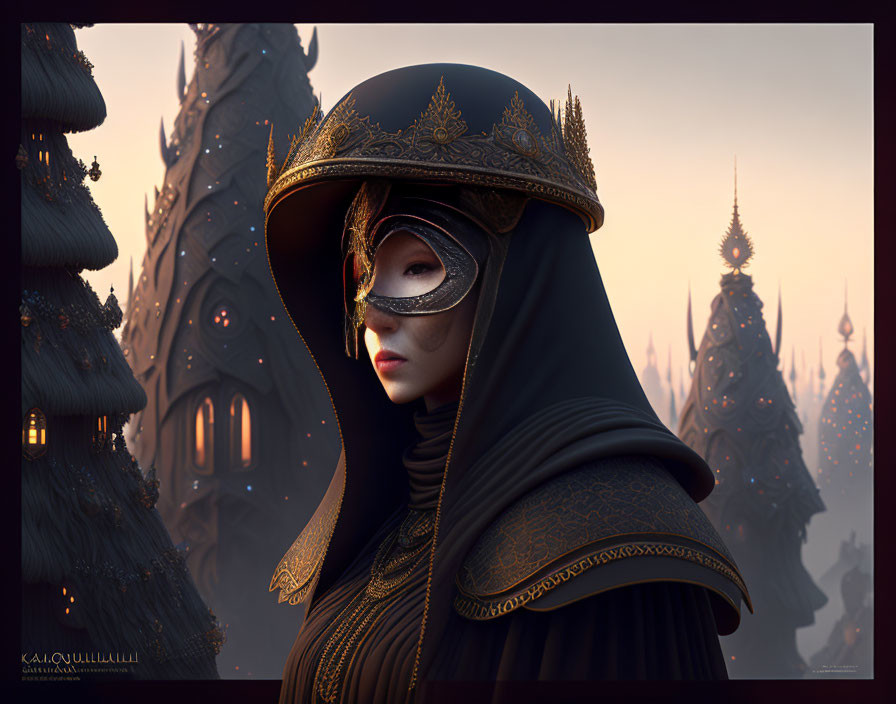 Cloaked Figure with Ornate Mask and Headdress in Gothic Setting