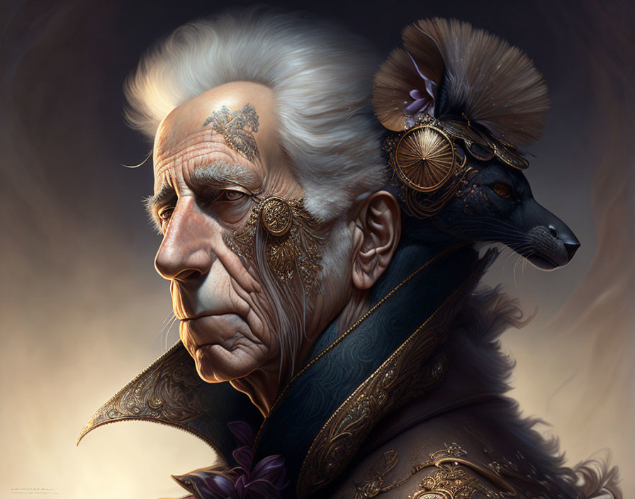 Elderly man portrait merges with fantasy steampunk mouse in intricate gear decorations and ornate attire