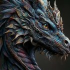 Blue-Scaled Dragon with Yellow Eyes and Pointed Ears on Dark Background