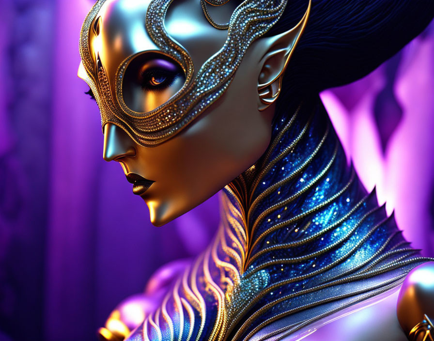 Detailed 3D illustration of golden-skinned female entity with intricate mask and neckpiece on purple background