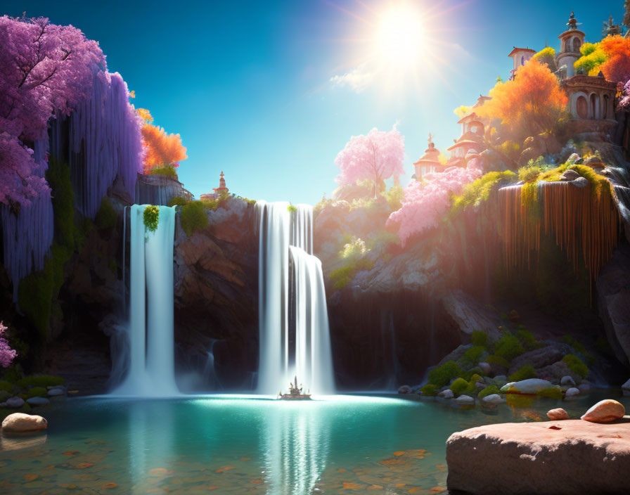 Fantasy landscape with glowing sun, waterfalls, exotic trees, and aquamarine lake.