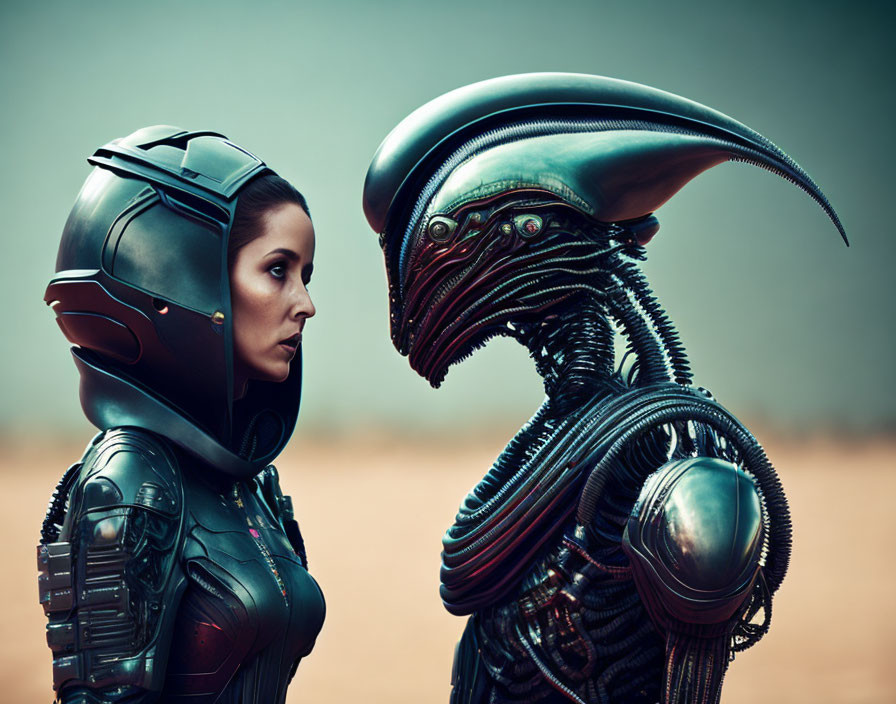 Futuristic armored human and alien creature face off in barren setting