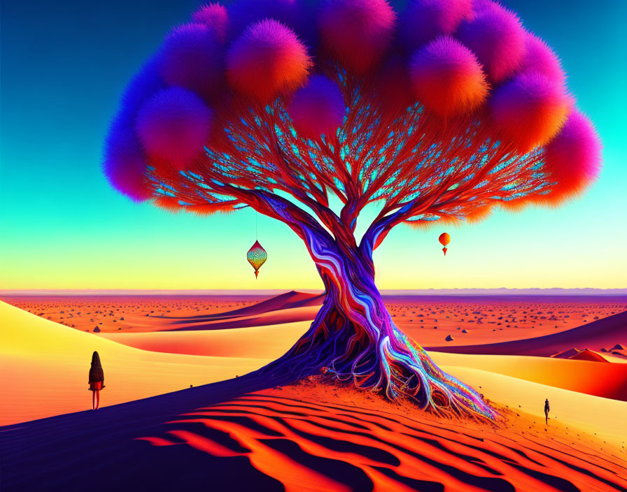 Colorful surreal desert landscape with twisted blue roots and hanging lantern.