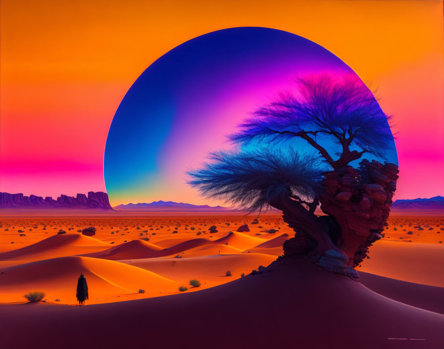 Colorful Sky Over Desert Landscape with Moon, Tree, and Figure