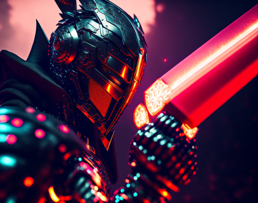 Futuristic warrior in glowing red sword and armor on dark background