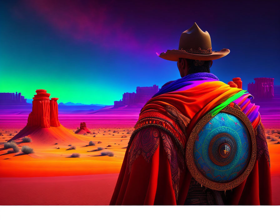 Cowboy Hat and Poncho Figure in Desert Landscape with Vibrant Aurora Sky