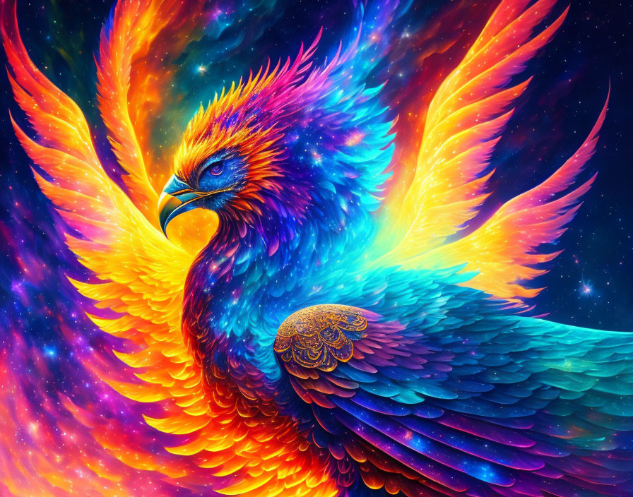 Mythical phoenix digital artwork with fiery wings on cosmic background