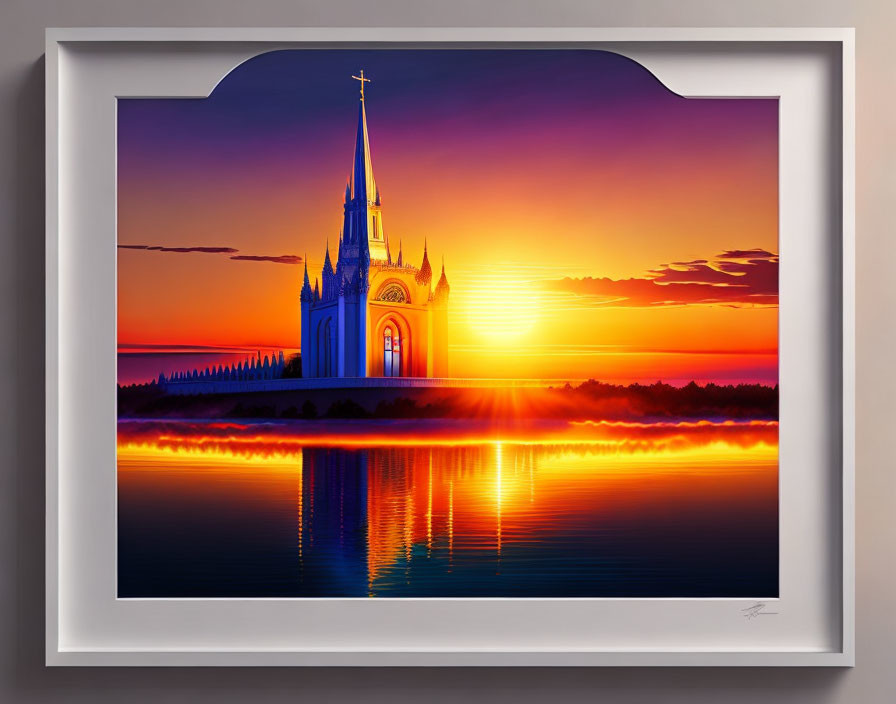 Gothic church digital artwork with luminous sunset and water reflections