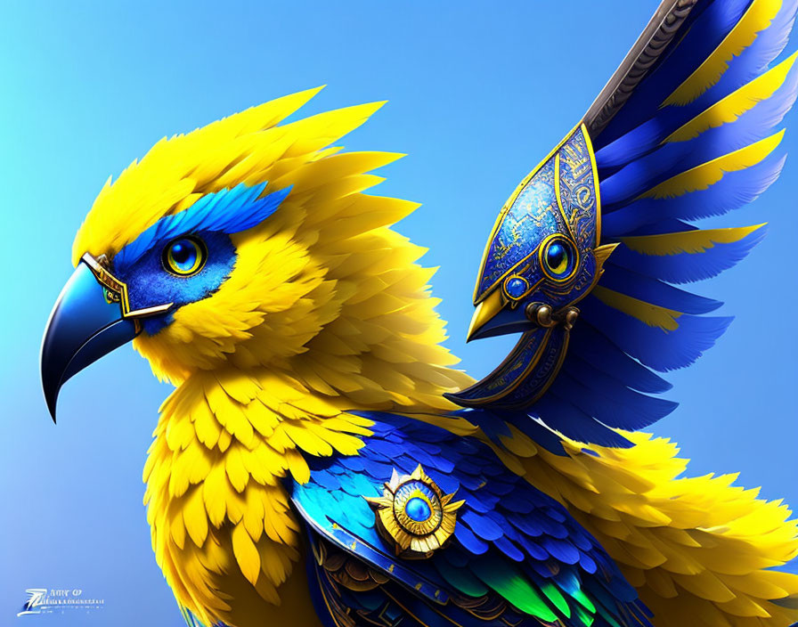 Colorful digital artwork featuring stylized bird with metallic armor-like adornments