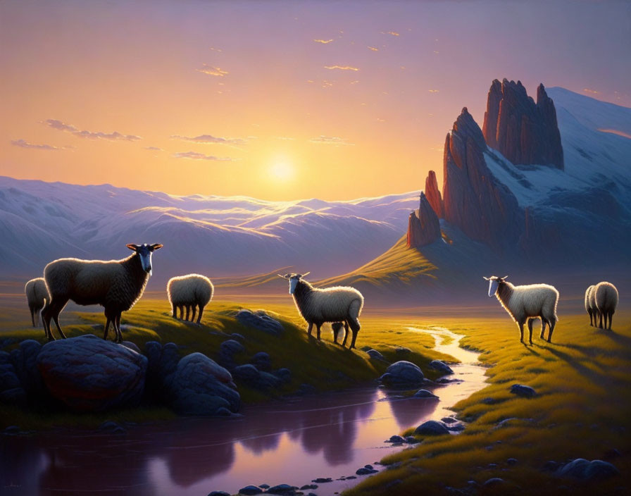 Tranquil sunrise landscape with grazing sheep and mountains