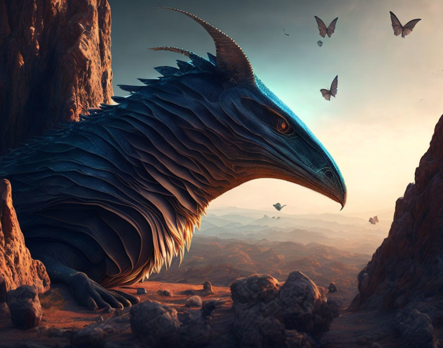 Blue dragon with horned head and layered scales in rocky landscape under amber sky.