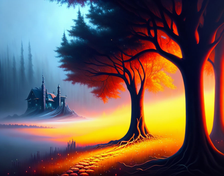 Mystical landscape with glowing trees, winding path, and foreboding castle in foggy twilight