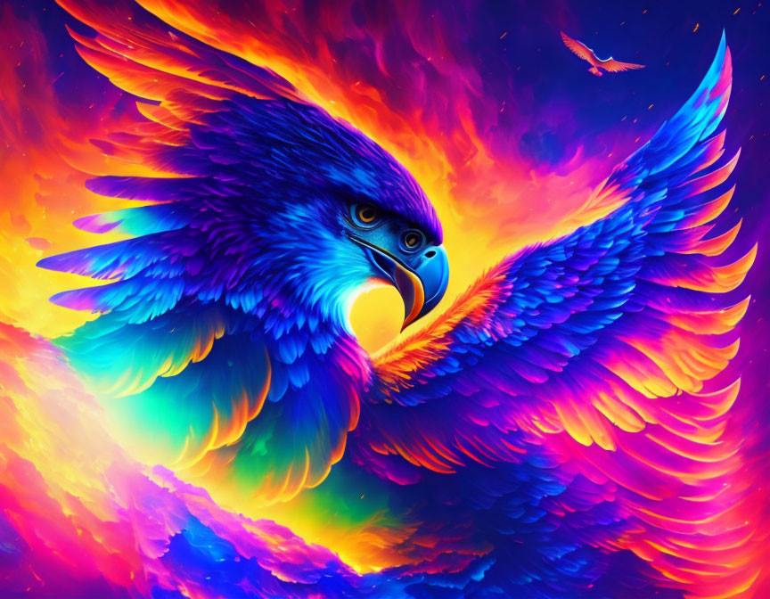 Mythic phoenix digital art with blue and orange plumage