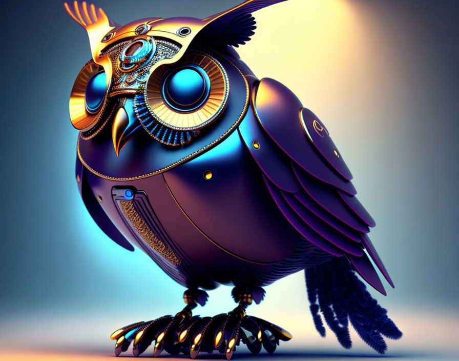 Mechanical owl digital art: intricate designs, blue eyes, purple & gold feathers