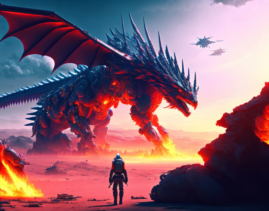 Spacesuited figure near enormous dragon in fiery alien landscape