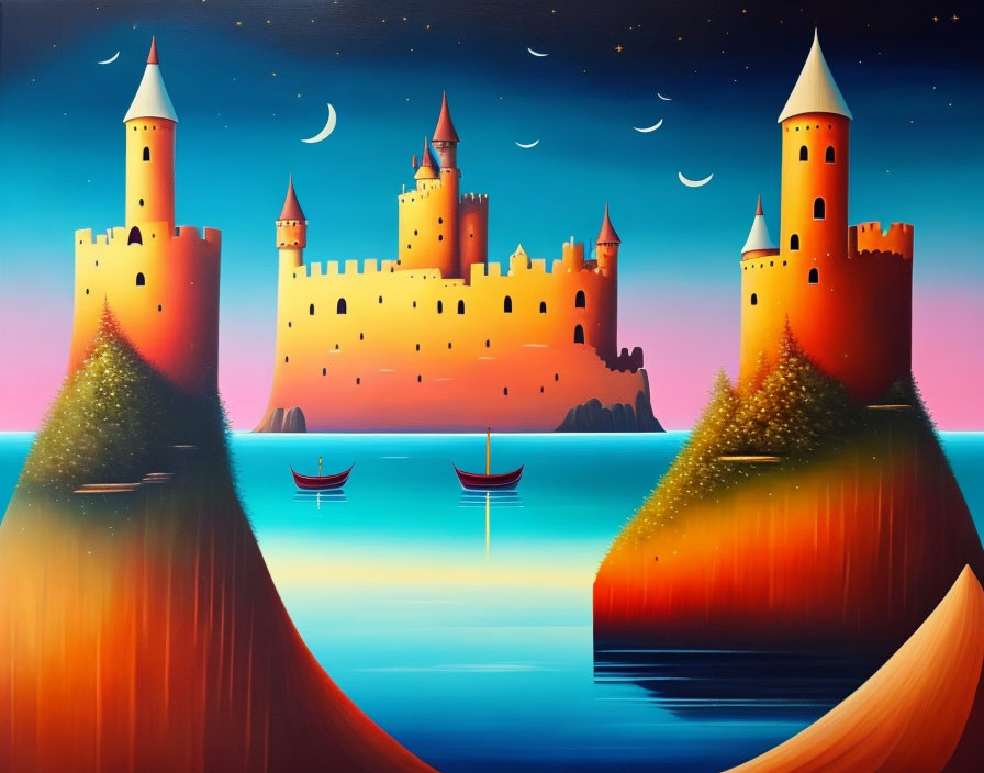 Fairytale castle painting: island scene with boats, trees, crescent moons