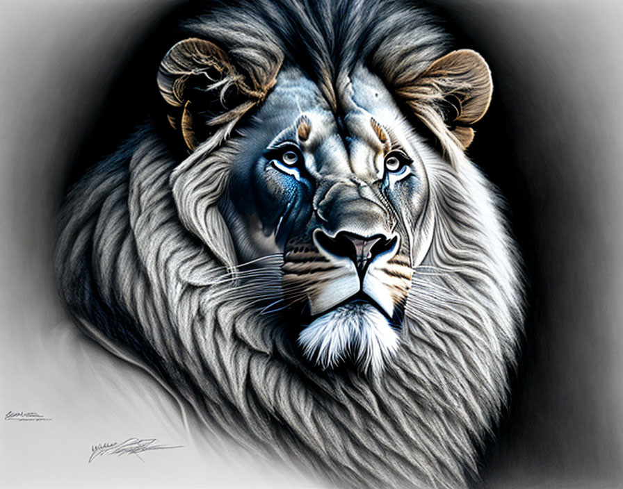 Realistic lion art: detailed mane in shades of grey blending to vibrant blue.