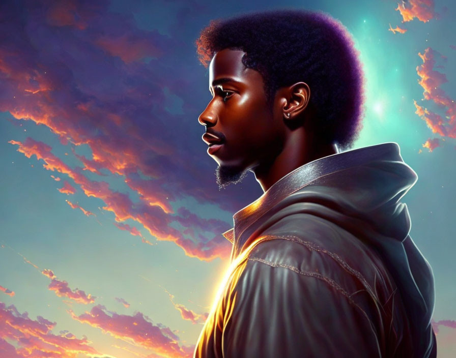 Profile Portrait of Man with Afro Against Sunset Sky