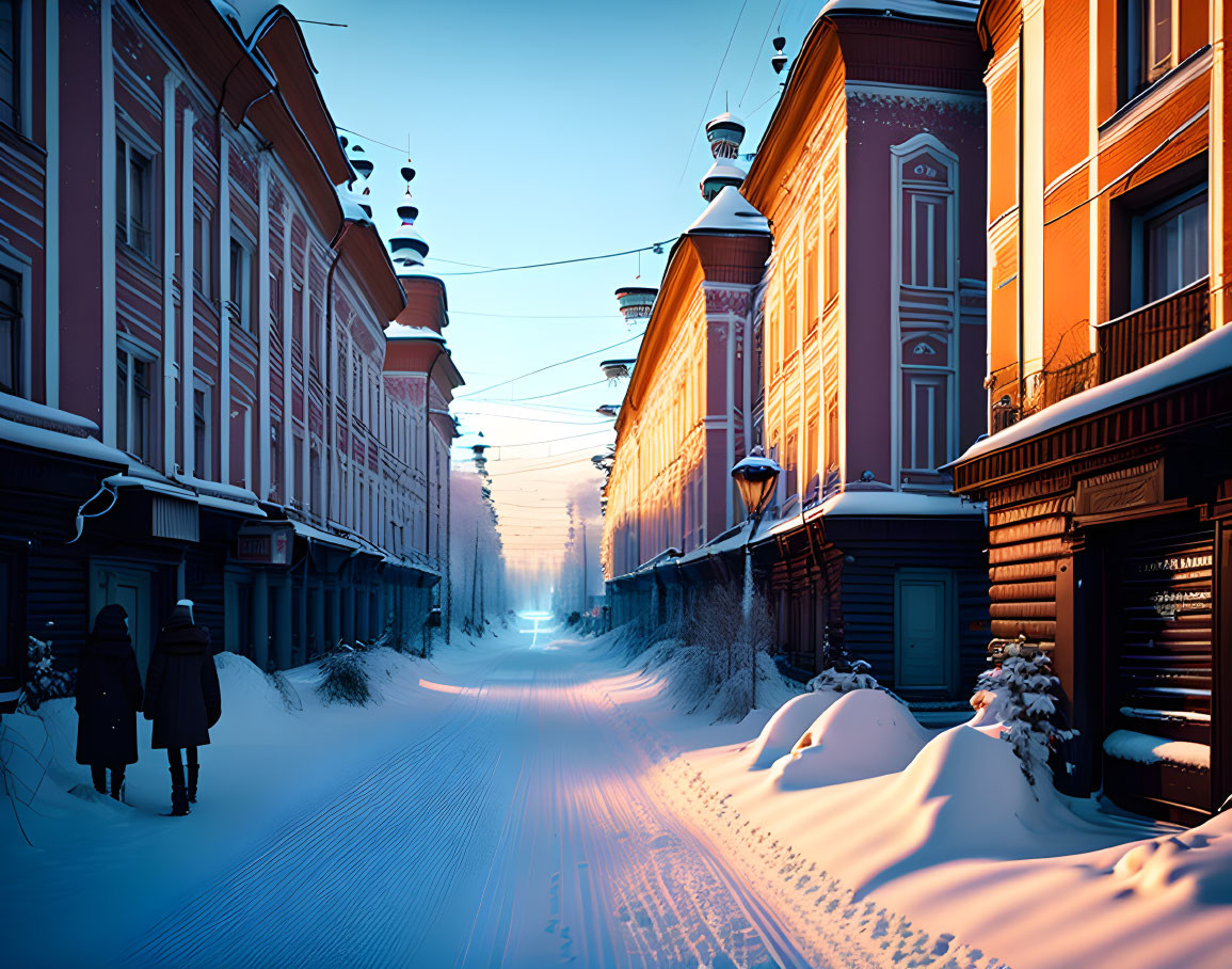 Snowy Street at Dusk with Classic Architecture and Two People Walking