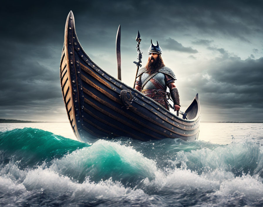 Viking warrior in longboat amidst turbulent seas and brooding sky