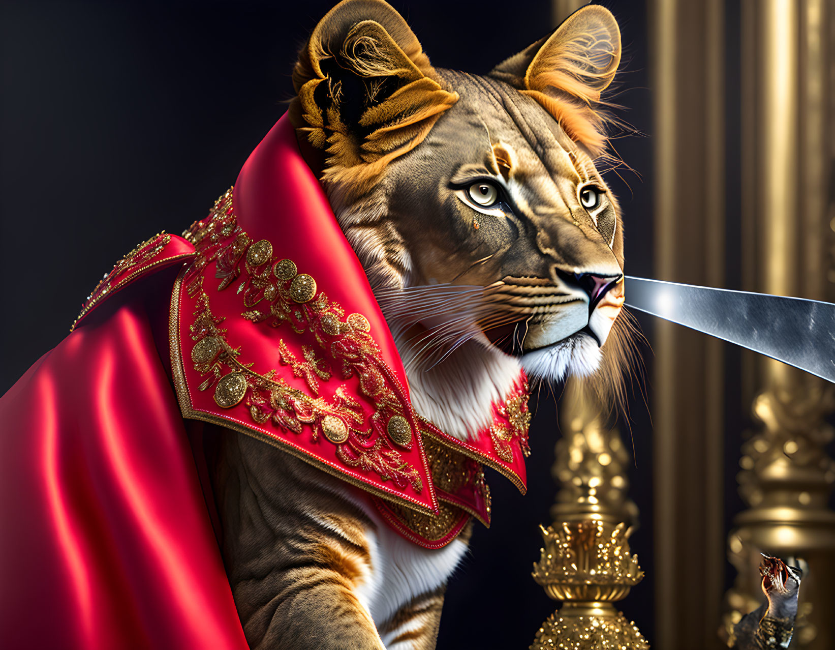 Majestic tiger in red cape with sword on regal backdrop