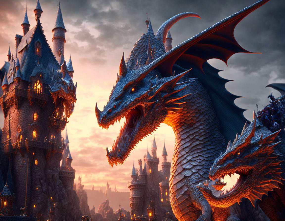 Blue dragon perched near gothic castle at dusk with fiery sky