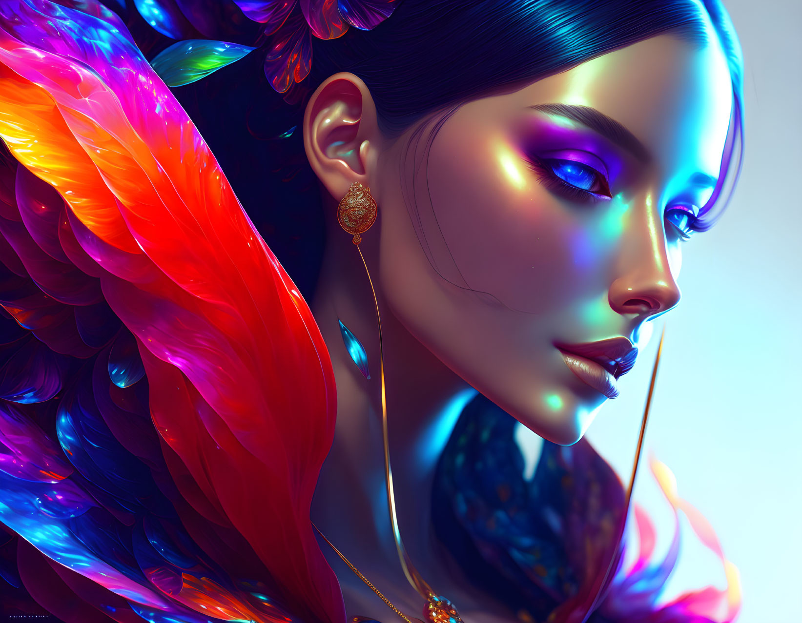 Colorful portrait of woman with multicolored wings and blue skin wearing gold jewelry