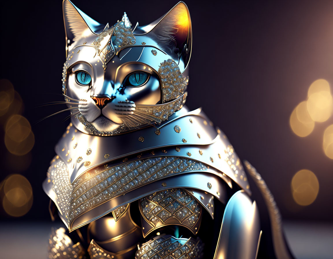 Detailed 3D illustration of a cat in golden armor with diamond-like accents