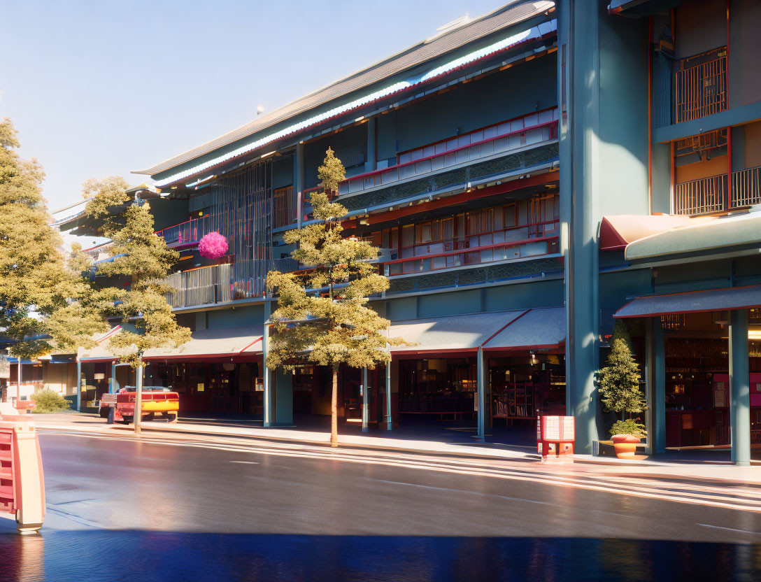 Traditional multi-story building with balconies, red lanterns, trees, and yellow taxi on street