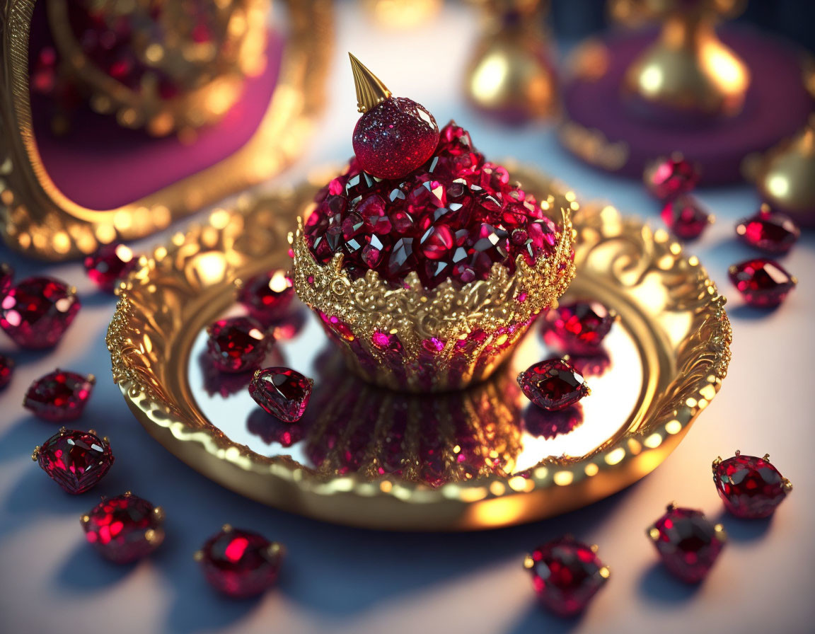 Golden Crown with Red Gemstones on Tray with Loose Gems