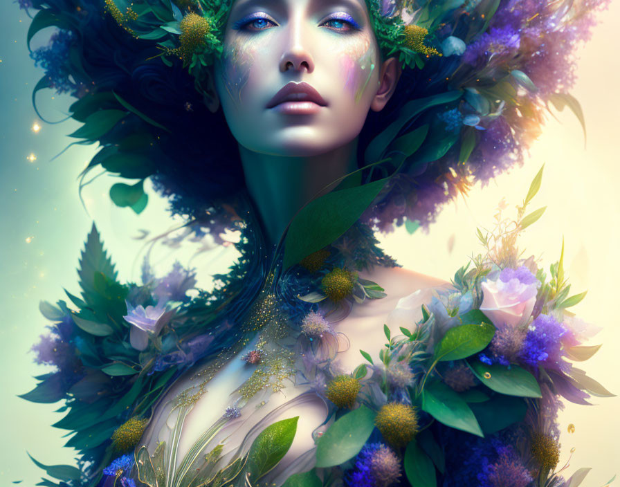 Fantastical portrait of a woman with ethereal makeup and vibrant floral adornments.