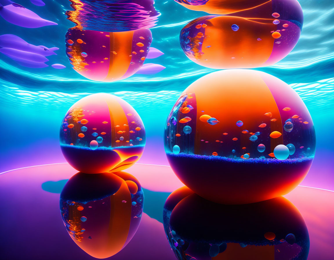 Colorful 3D Render of Floating Spheres in Reflective Liquid Environment